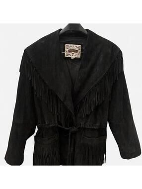 Otello Pelle Black Genuine Leather Fringe Jacket with Tassel Belt.